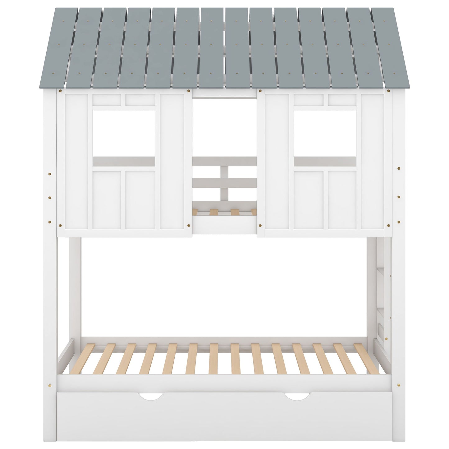 Twin Size House Bunk Bed With Trundle, Roof And Windows - White / Gray - The Sleep Loft - Online Mattress Showroom NYC