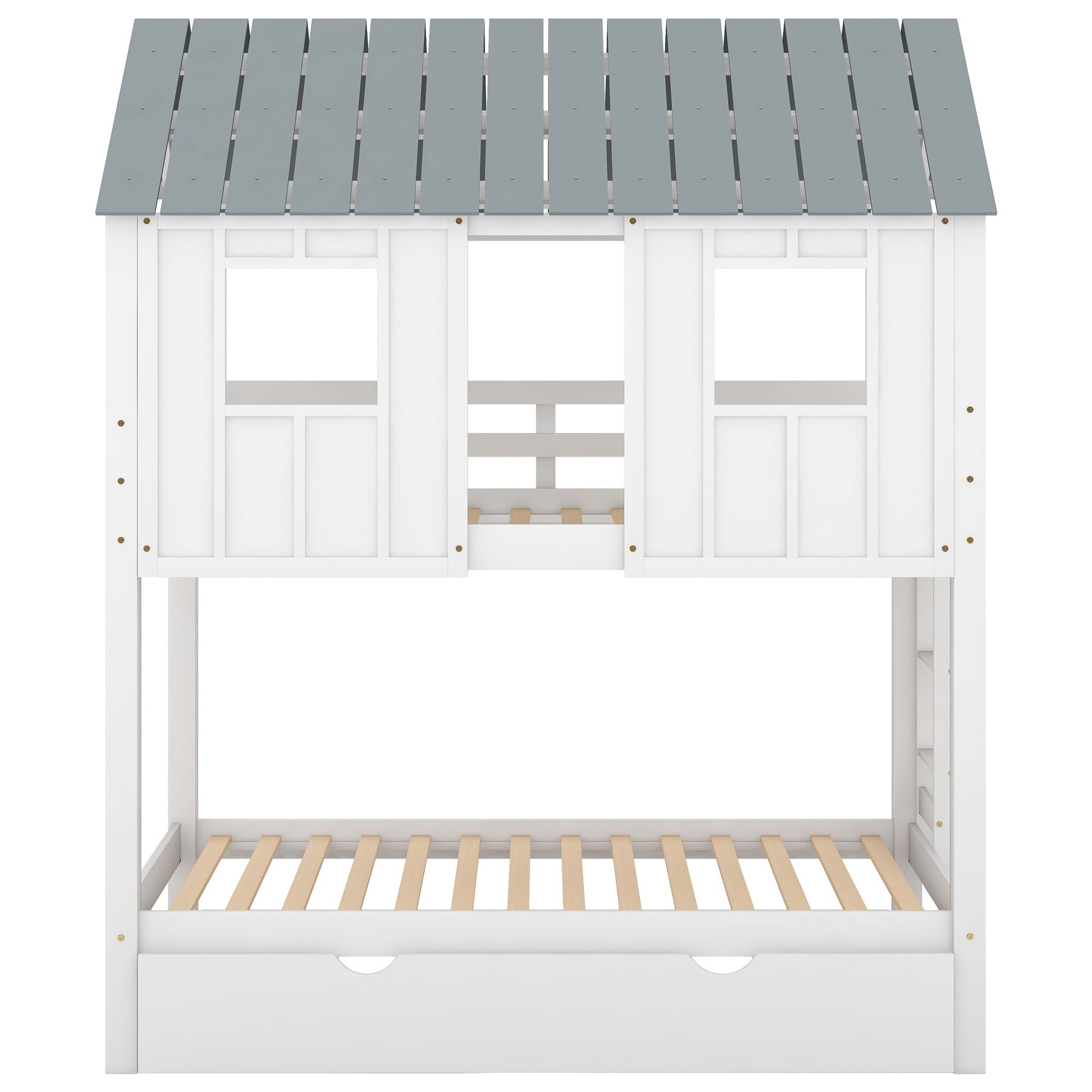 Twin Size House Bunk Bed With Trundle, Roof And Windows - White / Gray - The Sleep Loft - Online Mattress Showroom NYC