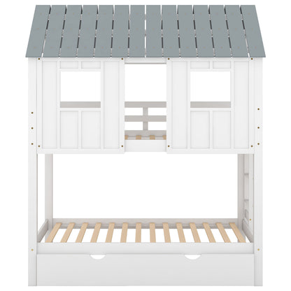 Twin Size House Bunk Bed With Trundle, Roof And Windows - White / Gray - The Sleep Loft - Online Mattress Showroom NYC