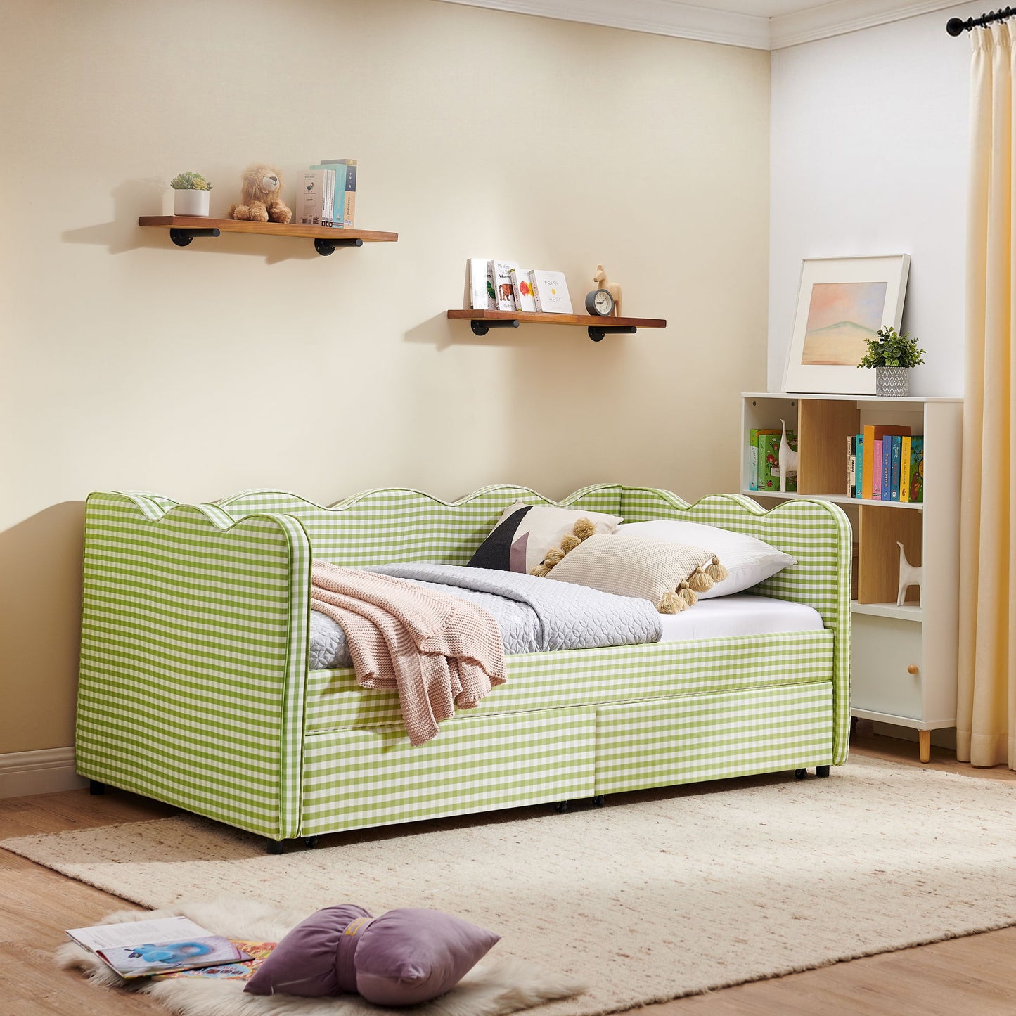 Gingham Daybed With USB Charging Port, Wave-Shaped Design - The Sleep Loft - Online Mattress Showroom NYC