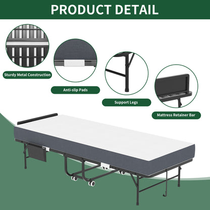 Twin Folding Bed With Adjustable Headboard & Memory Foam, Space Saving Rollaway Guest For Tall People, Portable On Wheels, Easy Assembly - Black - The Sleep Loft - Online Mattress Showroom NYC