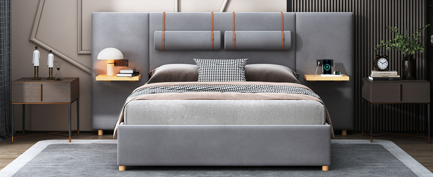 Upholstered Platform Bed, 2 Outlets And USB Charging Ports On Both Sides, 2 Bedside Pillows, Storage Shelves - The Sleep Loft - Online Mattress Showroom NYC