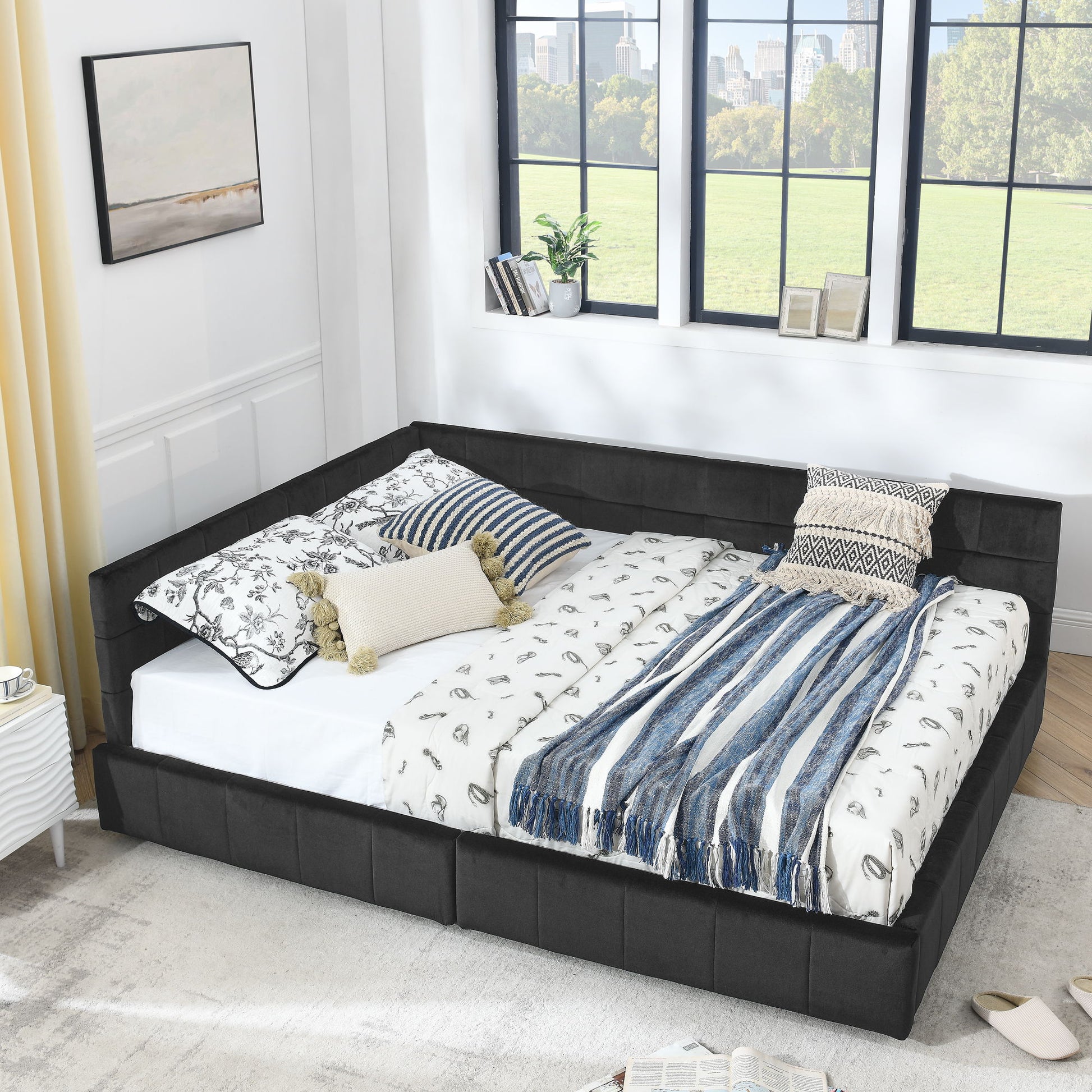 Mid-Century Storage Upholstered Tufted Bed Frame With Backrest And Armrests - The Sleep Loft - Online Mattress Showroom NYC