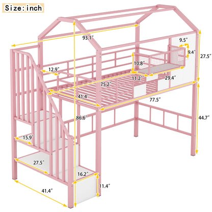 Metal Loft Bed With Roof Design And Storage Box With Guardrails And Integrated Ladder - The Sleep Loft - Online Mattress Showroom NYC