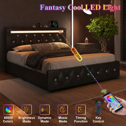 Upholstered Bed Frame With LED Lights, 4 Storage Drawers, Charging Station - The Sleep Loft - Online Mattress Showroom NYC