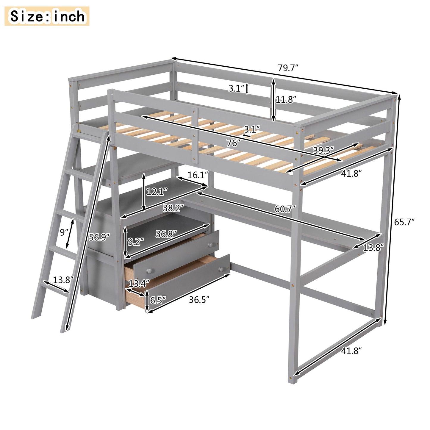 Modern Loft Bed With Built In Desk, Shelves, And 2 Drawers - The Sleep Loft - Online Mattress Showroom NYC
