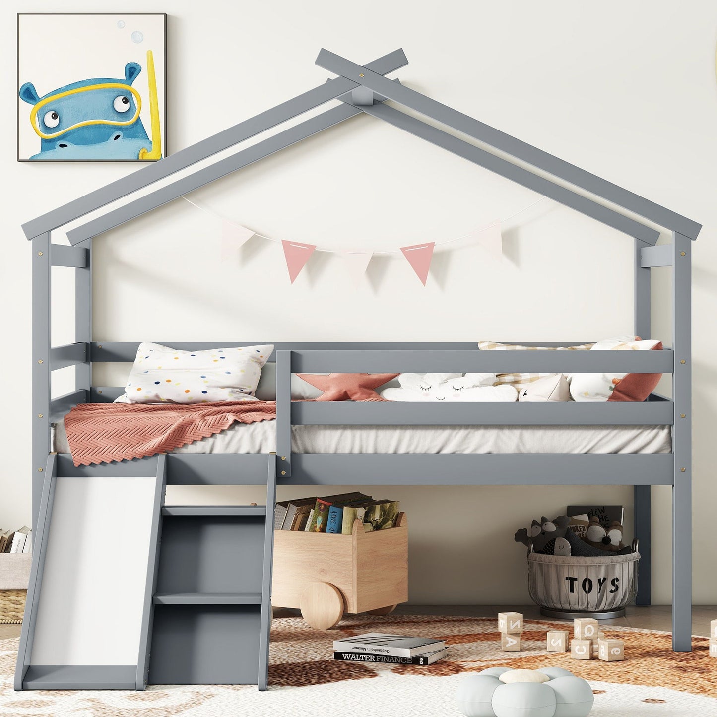 Low Loft House Bed With Slide, Ladder, Safety Guardrails, House Roof Frame - The Sleep Loft - Online Mattress Showroom NYC