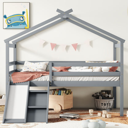 Low Loft House Bed With Slide, Ladder, Safety Guardrails, House Roof Frame - The Sleep Loft - Online Mattress Showroom NYC