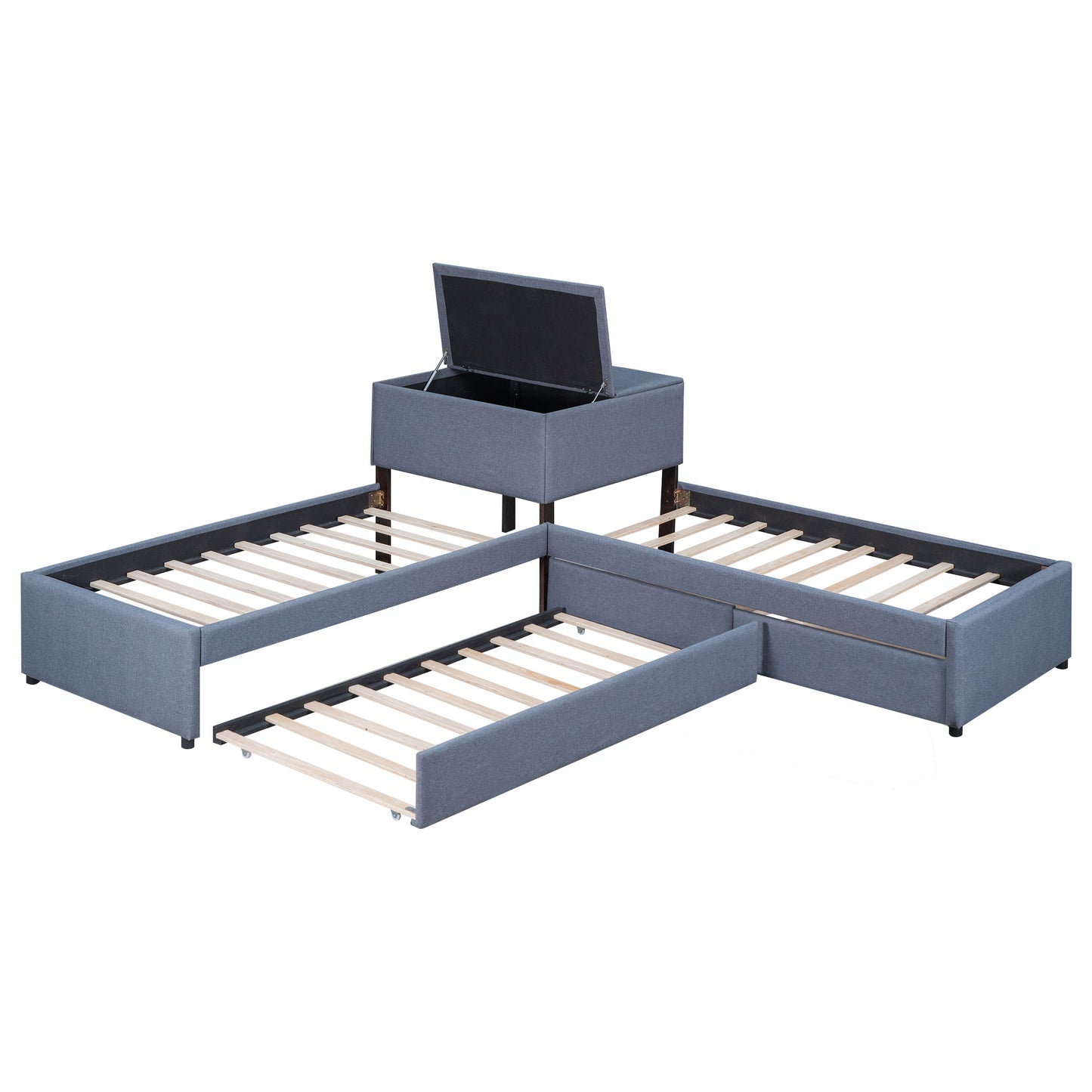 L Shaped Upholstered Platform Bed With Trundle And 2 Drawers Linked With Built In Desk - The Sleep Loft - Online Mattress Showroom NYC