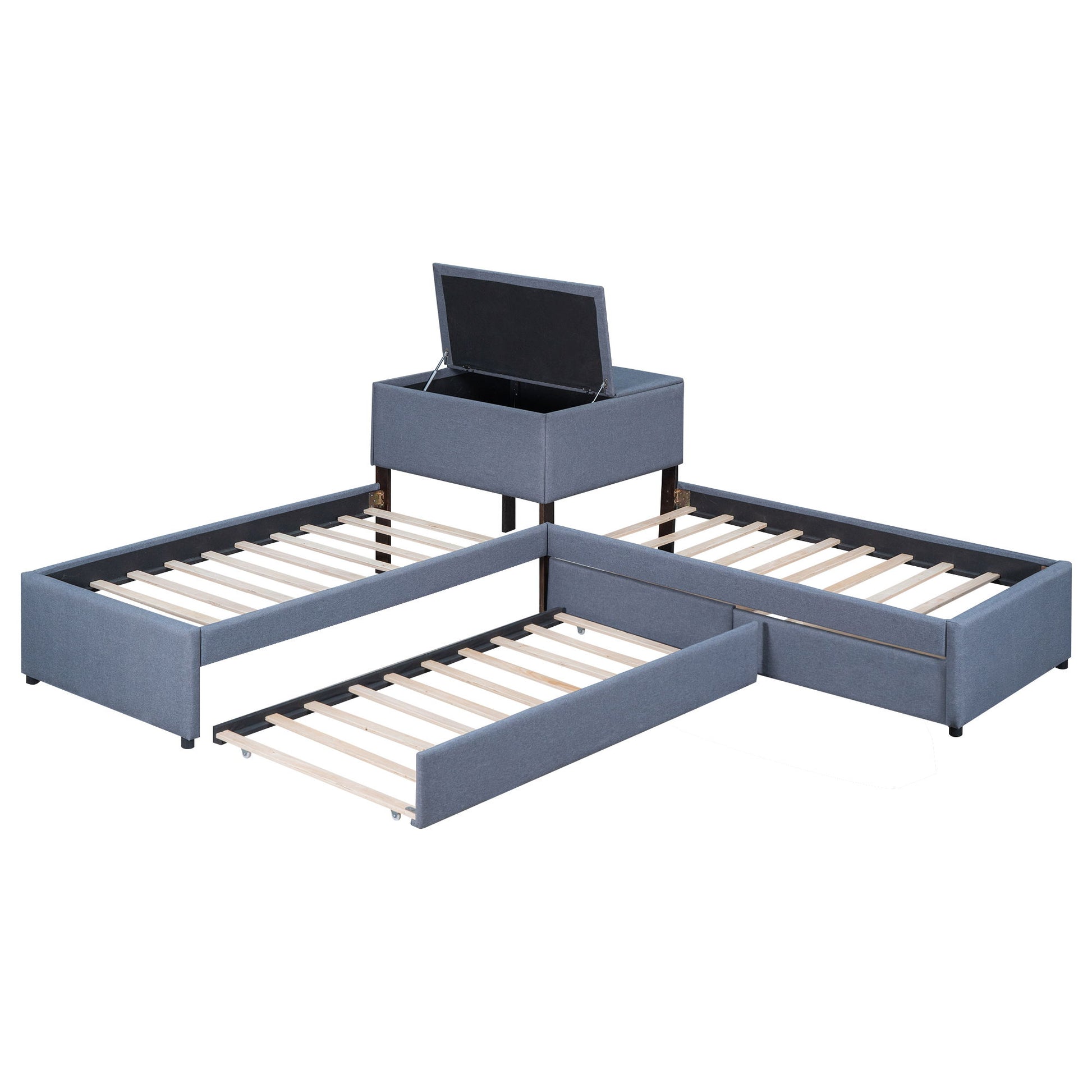 L Shaped Upholstered Platform Bed With Trundle And 2 Drawers Linked With Built In Desk - The Sleep Loft - Online Mattress Showroom NYC