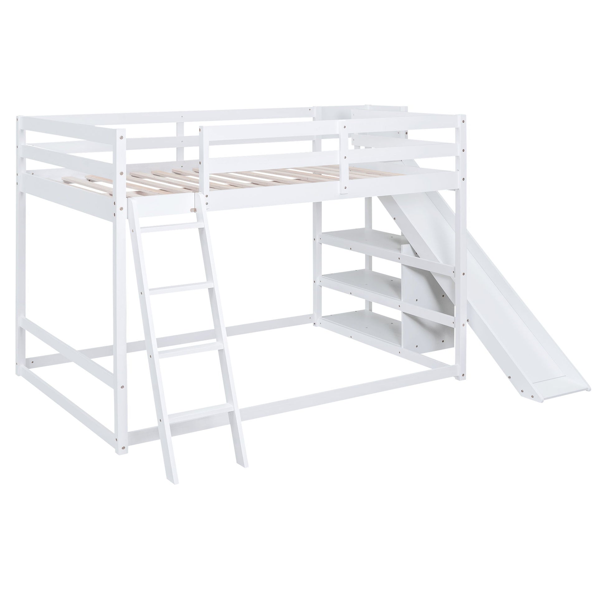 Bunk Bed With Ladder, Slide, And Shelves Pine Wood - The Sleep Loft - Online Mattress Showroom NYC