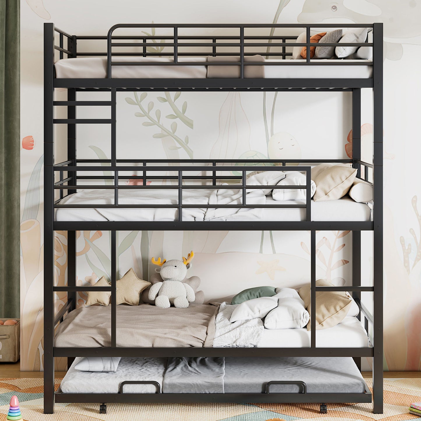 Triple Bunk Bed With Trundle, Heavy Duty Steel Construction - The Sleep Loft - Online Mattress Showroom NYC