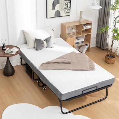 Foldable Metal Frame Bed For Guest With Memory Foam Mattress On Wheels, Saving Space Rollaway Bed - The Sleep Loft - Online Mattress Showroom NYC