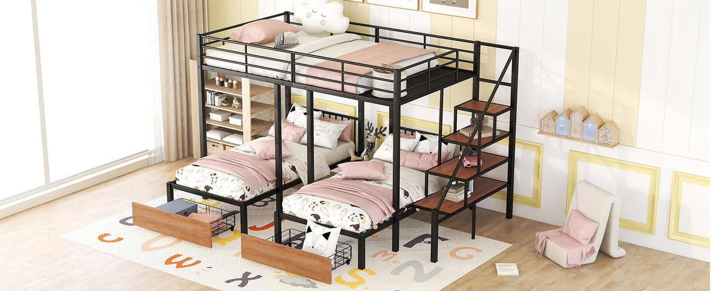 Full Over Twin-Twin Triple Bunk Bed With Drawers And Staircase - Black - The Sleep Loft - Online Mattress Showroom NYC