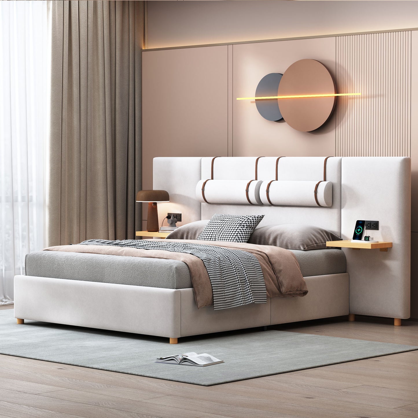 Upholstered Platform Bed, 2 Outlets And USB Charging Ports On Both Sides, 2 Bedside Pillows, Storage Shelves - The Sleep Loft - Online Mattress Showroom NYC
