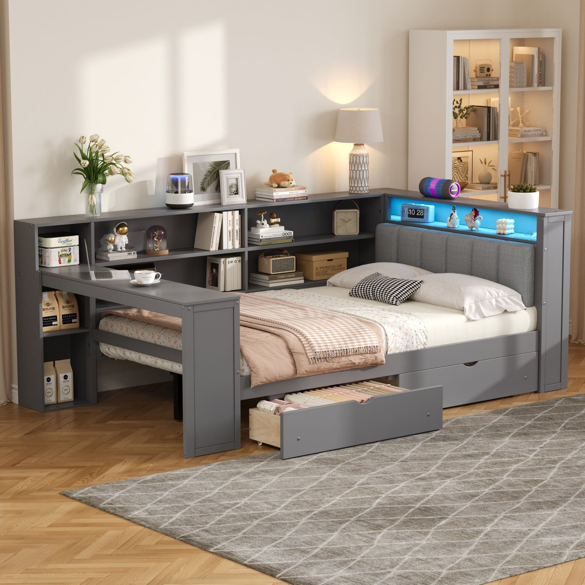 Platform Bed With Upholstered Headboard, Storage Shelves, Drawers, Charging Station, LED Lighting, Built In Desk - The Sleep Loft - Online Mattress Showroom NYC