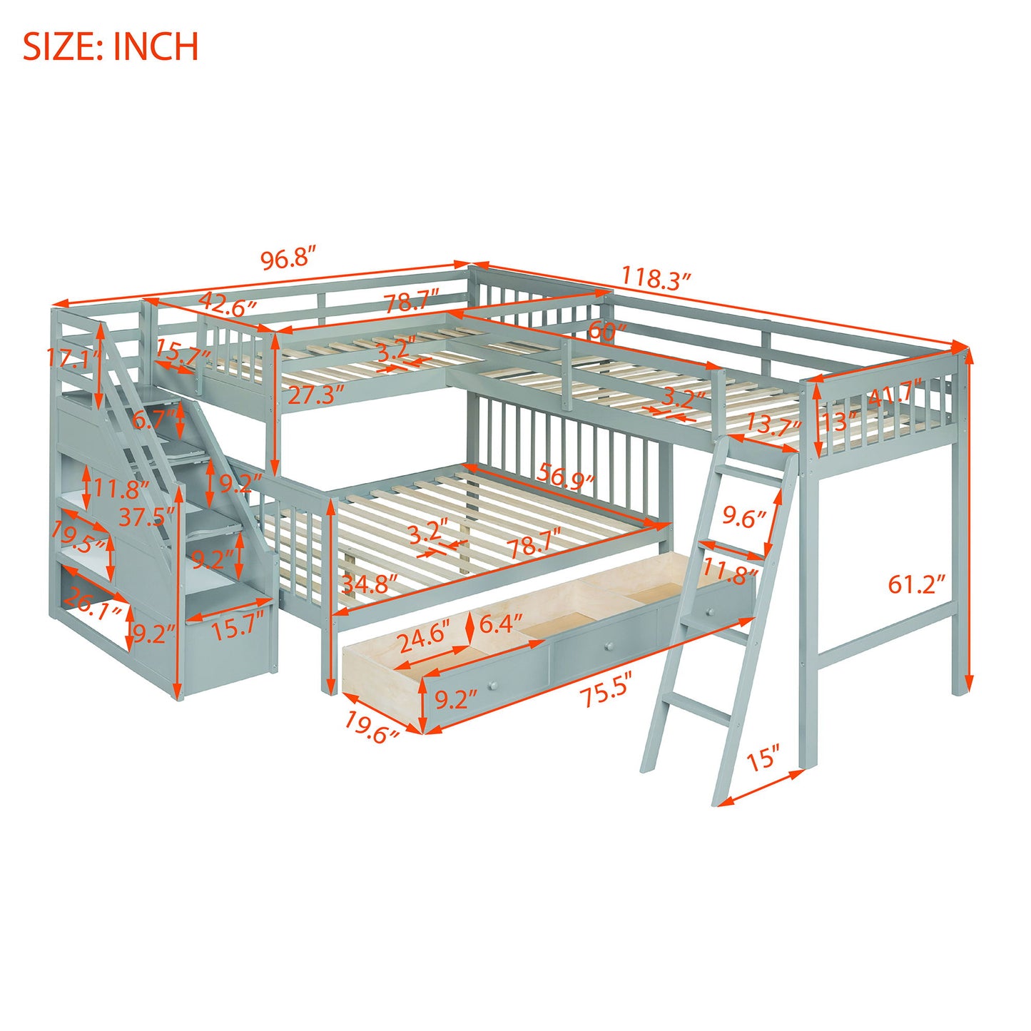 Solid L Shaped Bunk Bed With 3 Drawers, Ladder And Staircase - The Sleep Loft - Online Mattress Showroom NYC