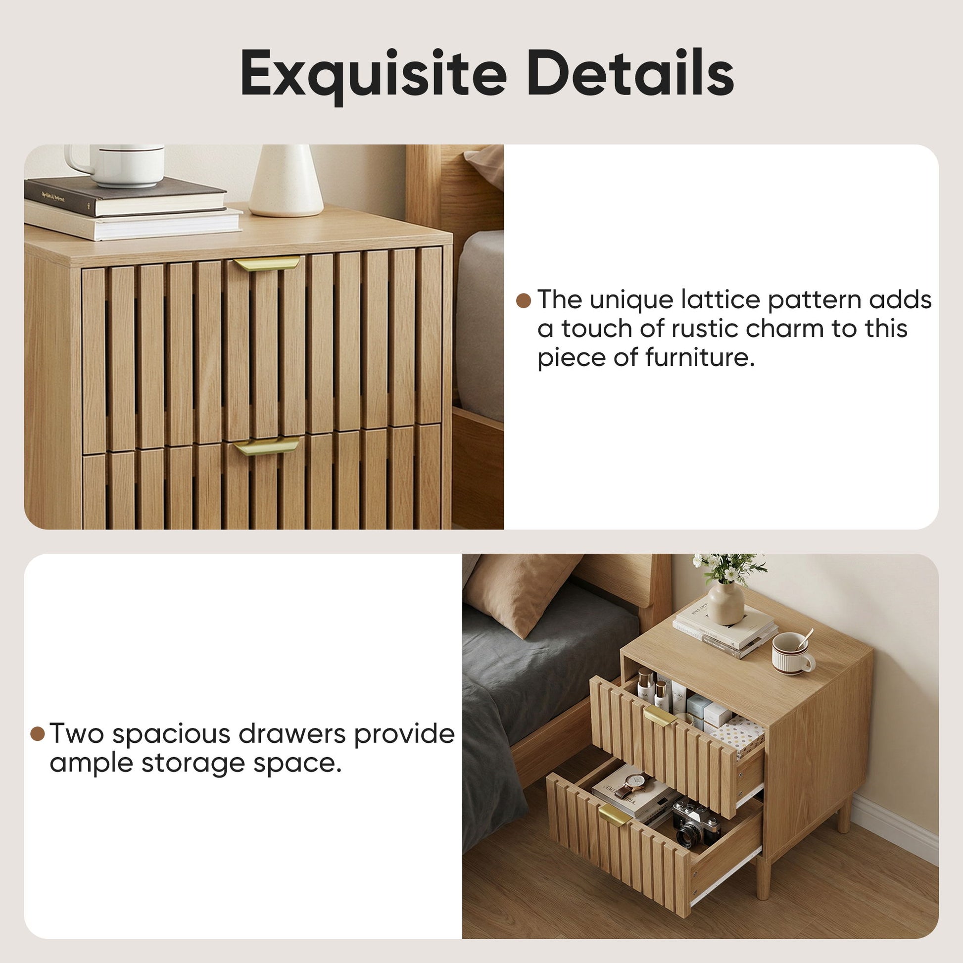 Bedside Table With Grille Design And 2 Drawers, Side Table For Bedroom - Oak - The Sleep Loft - Online Mattress Showroom NYC