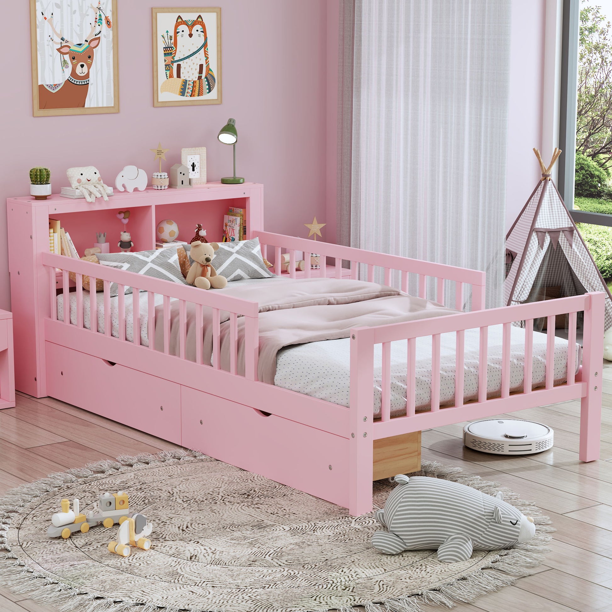 Bed With Headboard Storage Rack, 2 Under Bed Drawers, 3 Side Guardrails For Safety - The Sleep Loft - Online Mattress Showroom NYC