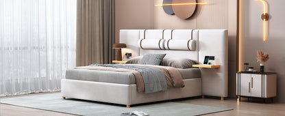 Upholstered Platform Bed, 2 Outlets And USB Charging Ports On Both Sides, 2 Bedside Pillows, Storage Shelves - The Sleep Loft - Online Mattress Showroom NYC