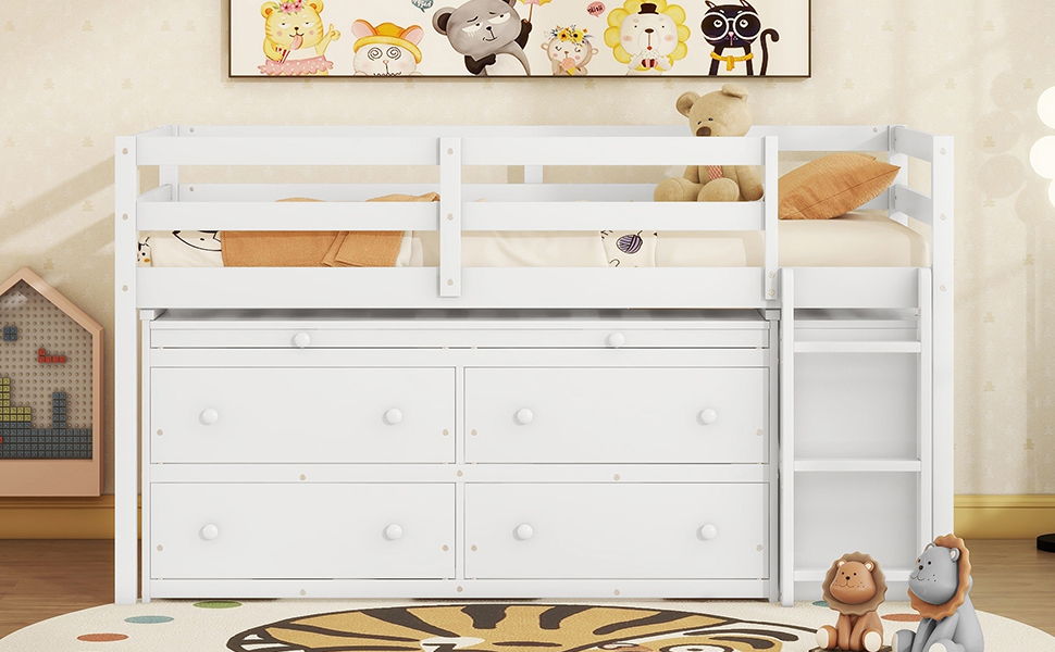 Loft Bed With Retractable Writing Desk And 4 Drawers, With Lateral Portable Desk And Shelves - The Sleep Loft - Online Mattress Showroom NYC