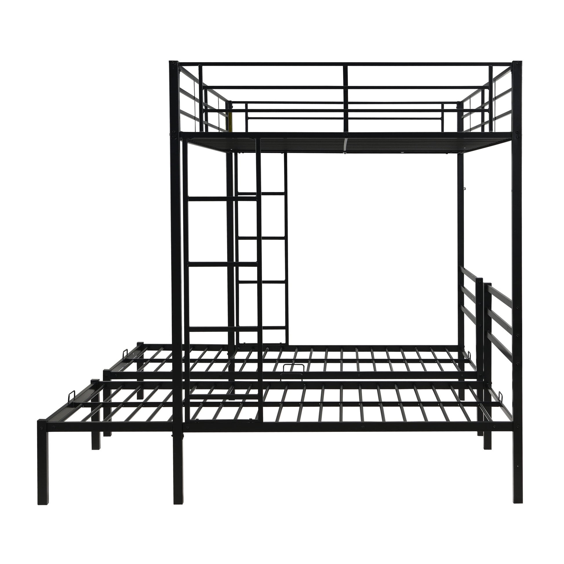 Modern Metal Triple Bunk Bed With Vertical Ladder, Safety Rail, And Storage Shelf - Black - The Sleep Loft - Online Mattress Showroom NYC