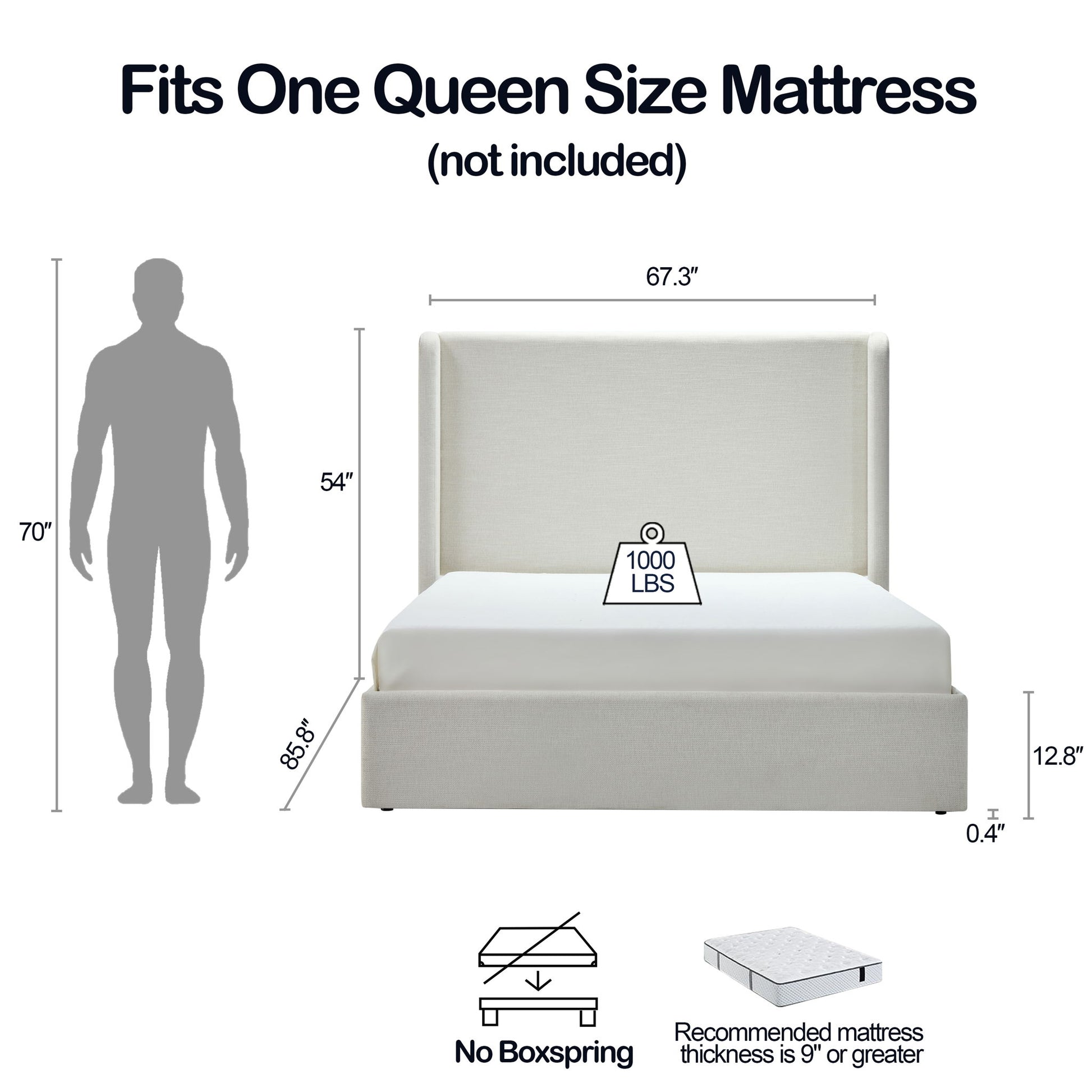 Carmen - Minimalist Upholstered Wingback Bed Frame With High Headboard - The Sleep Loft - Online Mattress Showroom NYC