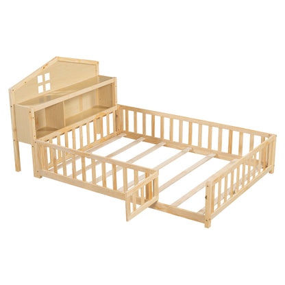 Full Size Montessori Floor Bed With Bookcases And boards, Solid Wood Platform Bed With Guard Rails And Storage Headboards - Natural - The Sleep Loft - Online Mattress Showroom NYC