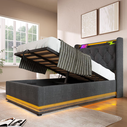 Upholstered Bed, 360 Surround LED Function, Remote Control, Hydraulic Storage Bed With USB, Type-C Charging (Without Mattress) - The Sleep Loft - Online Mattress Showroom NYC