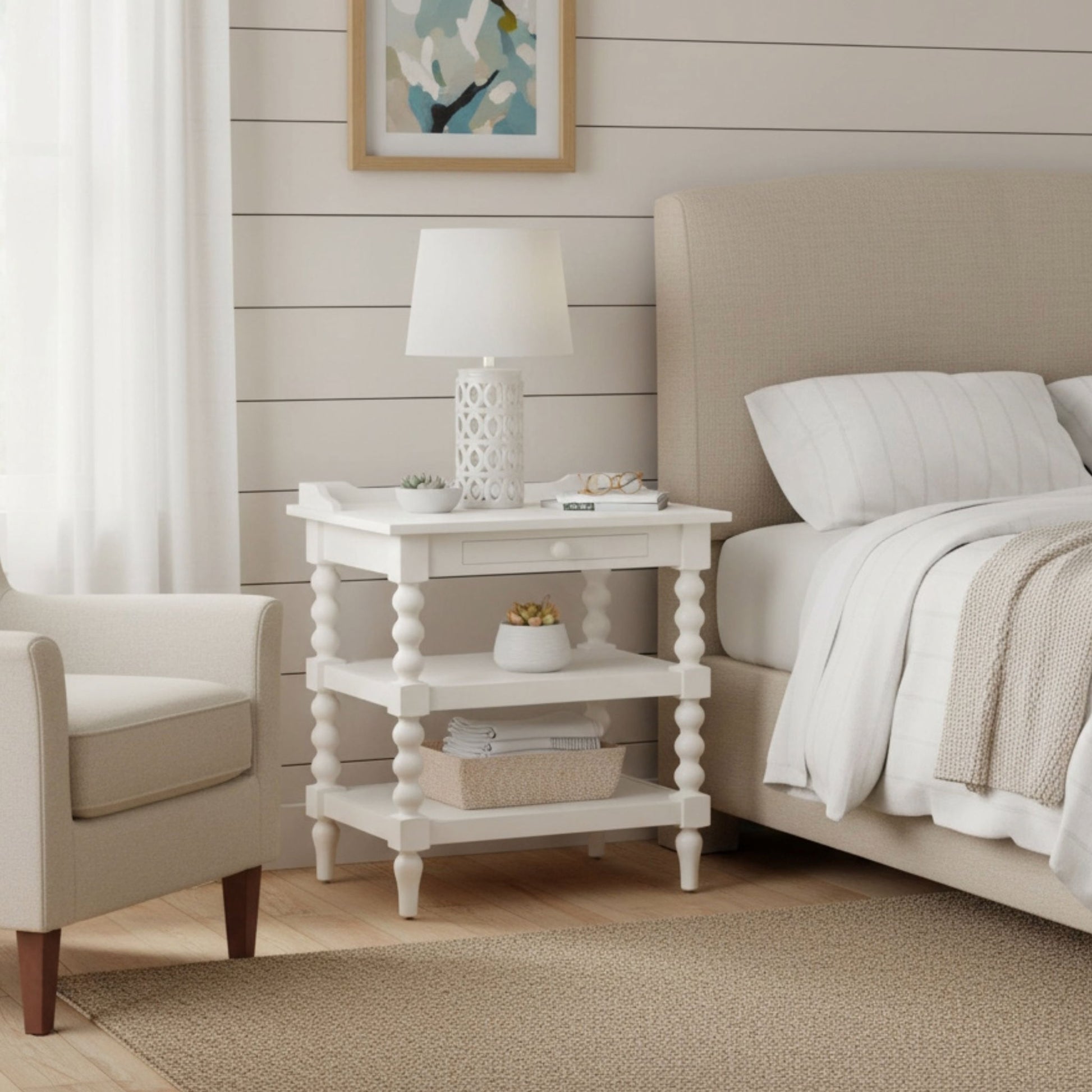 Aria - Nightstand With Styling, 2 Shelves, Pull Out Tray, Spool Turned Legs - Antique White - The Sleep Loft - Online Mattress Showroom NYC