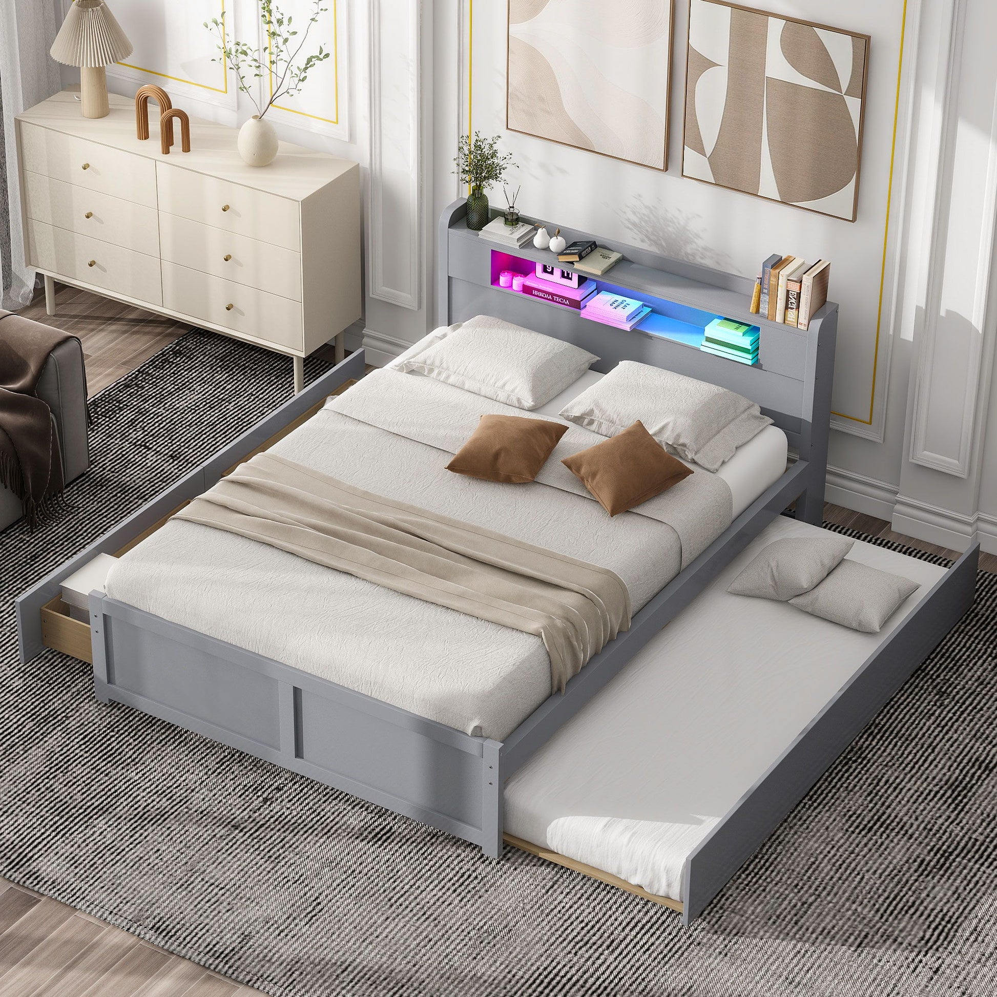 Storage Platform Bed With LED Lights, 2 Drawers And Trundle - The Sleep Loft - Online Mattress Showroom NYC