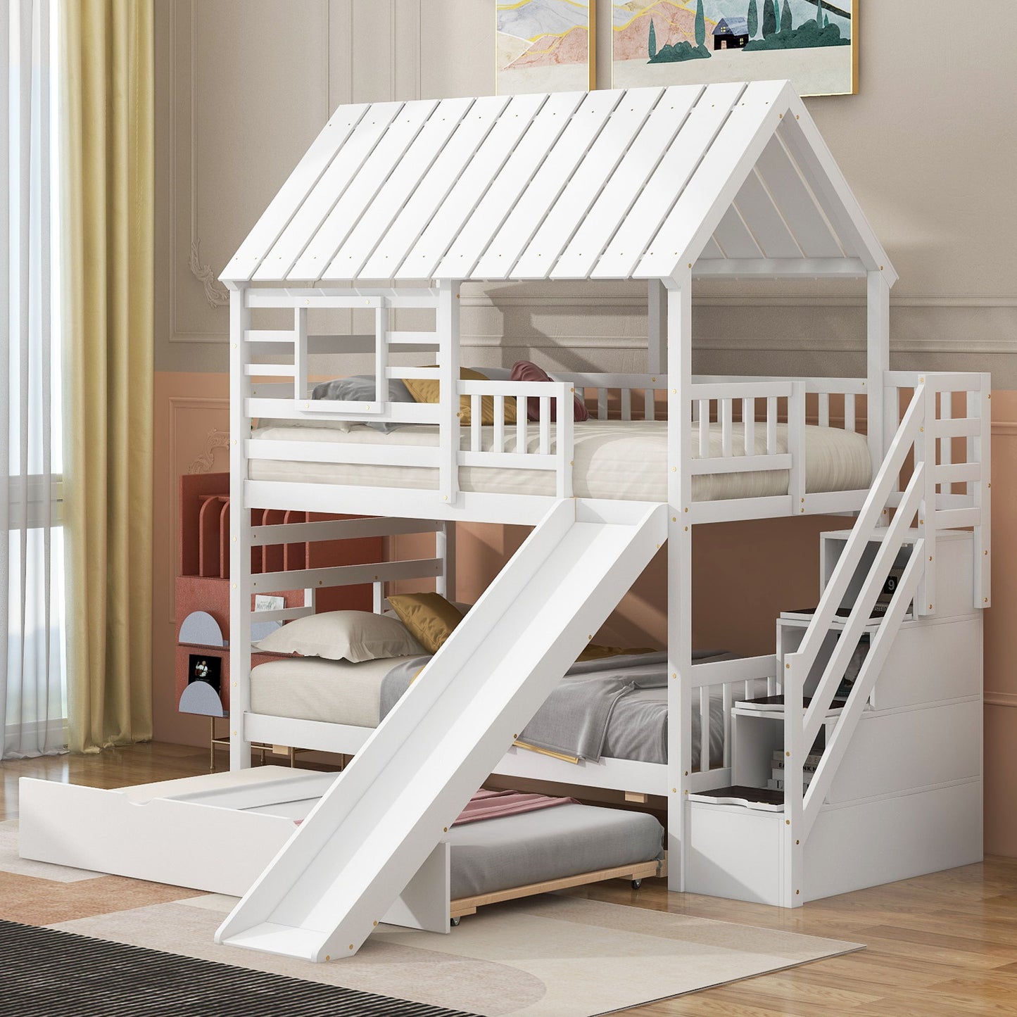 House Bunk Bed With Trundle, Storage Staircase, Roof And Window Design - The Sleep Loft - Online Mattress Showroom NYC