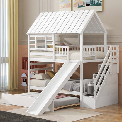 House Bunk Bed With Trundle, Storage Staircase, Roof And Window Design - The Sleep Loft - Online Mattress Showroom NYC