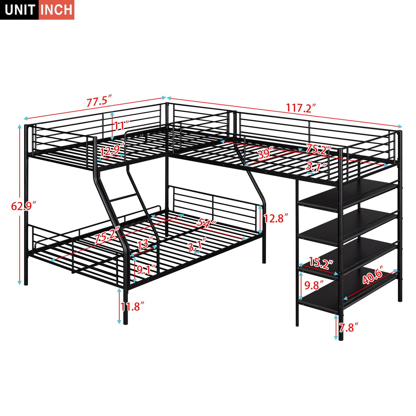 L-Shaped Twin Over Full Bunk Bed And Twin Loft Bed With 4 Built In Shelves - Black - The Sleep Loft - Online Mattress Showroom NYC