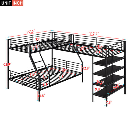 L-Shaped Twin Over Full Bunk Bed And Twin Loft Bed With 4 Built In Shelves - Black - The Sleep Loft - Online Mattress Showroom NYC