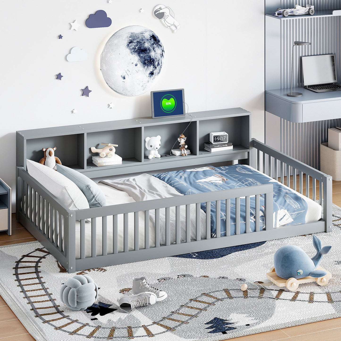 Twin Long Floor Bed With Storage Cabinets And USB Ports - Gray - The Sleep Loft - Online Mattress Showroom NYC