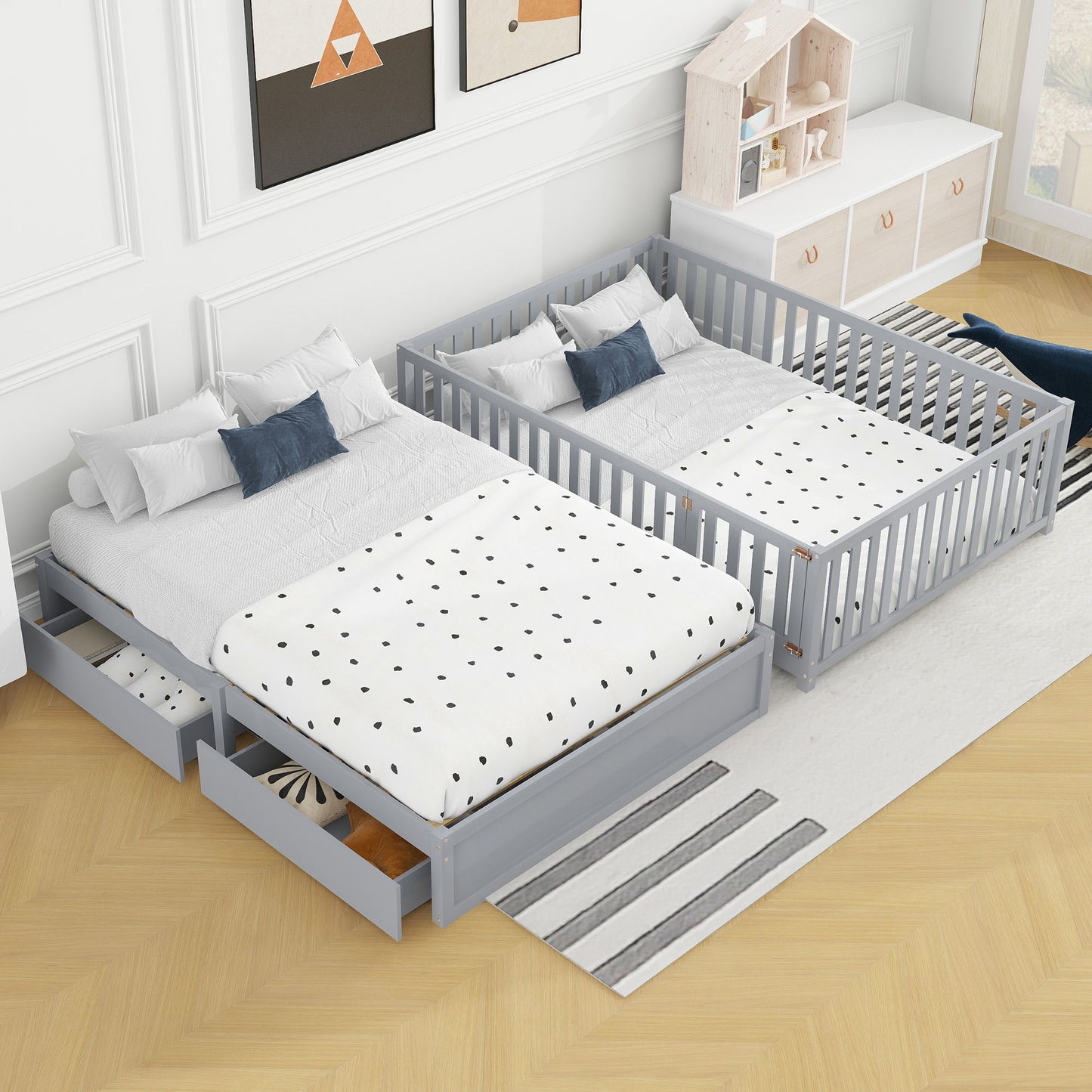 Daybed With Fence Guardrails And 2 Drawers, Split Into Independent Floor Bed & Daybed - The Sleep Loft - Online Mattress Showroom NYC