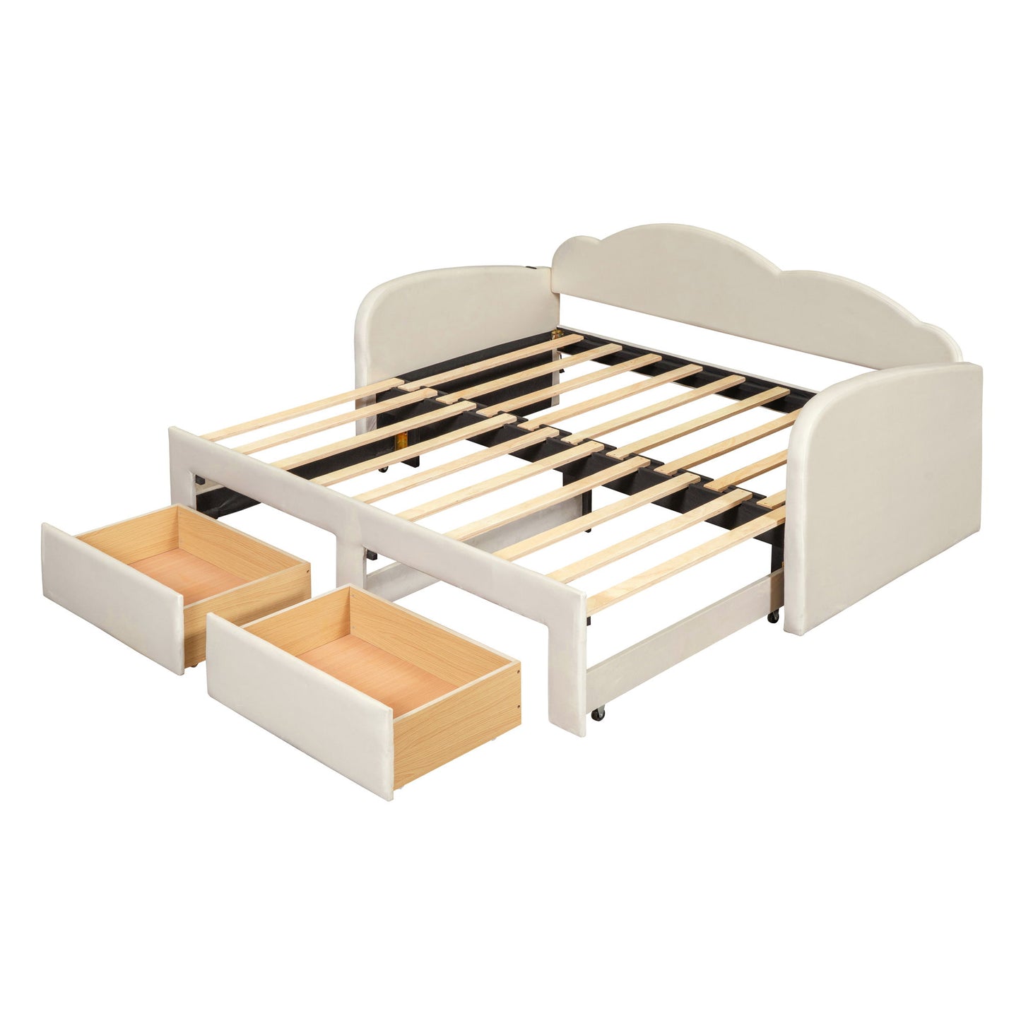 Upholstered Daybed With Cloud-Shaped Backrest, Trundle & 2 Drawers And USB Ports - The Sleep Loft - Online Mattress Showroom NYC