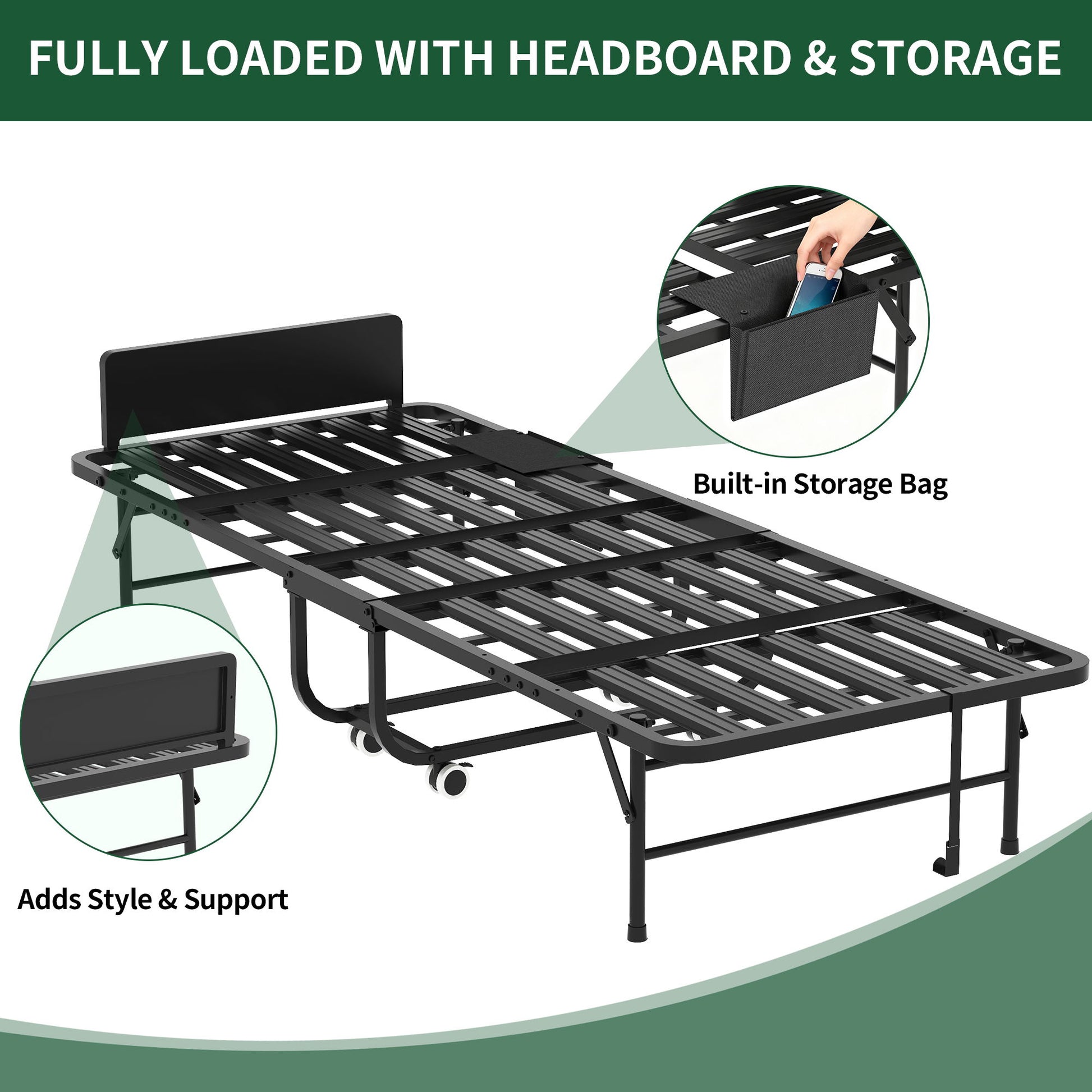 Twin Folding Bed With Adjustable Headboard & Memory Foam Mattress, Portable Coton Wheels For Tall People, Space-Saving Guest Bed - Black - The Sleep Loft - Online Mattress Showroom NYC
