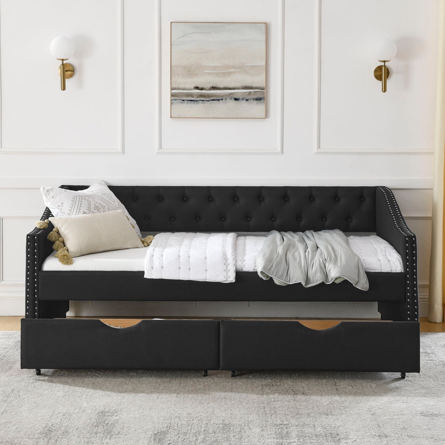 Upholstered Tufted Daybed With 2 Drawers, Waved Arms - The Sleep Loft - Online Mattress Showroom NYC