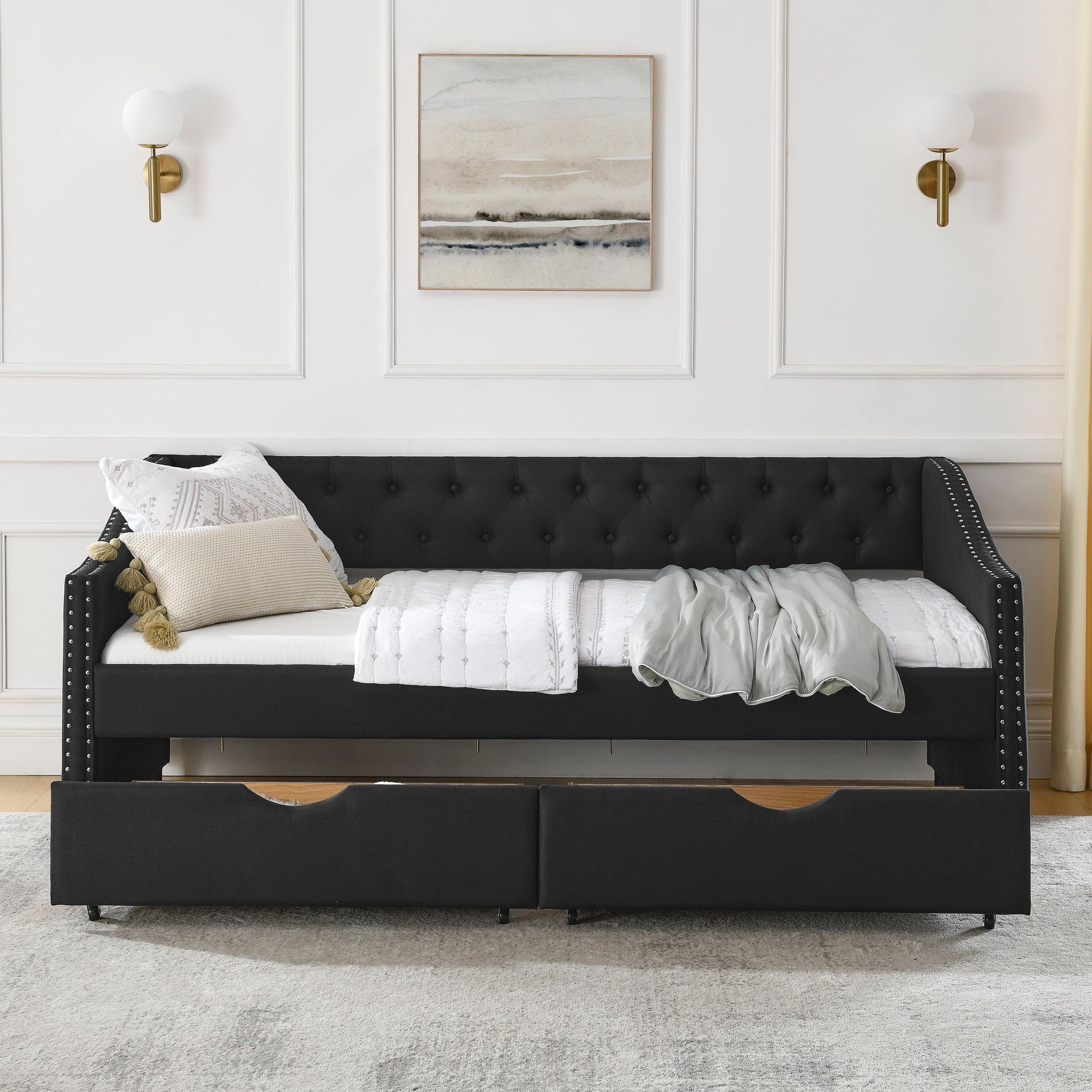 Upholstered Tufted Daybed With 2 Drawers, Waved Arms - The Sleep Loft - Online Mattress Showroom NYC