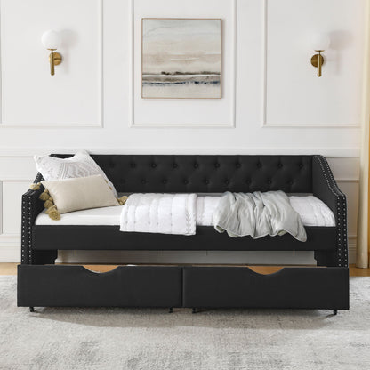 Upholstered Tufted Daybed With 2 Drawers, Waved Arms - The Sleep Loft - Online Mattress Showroom NYC