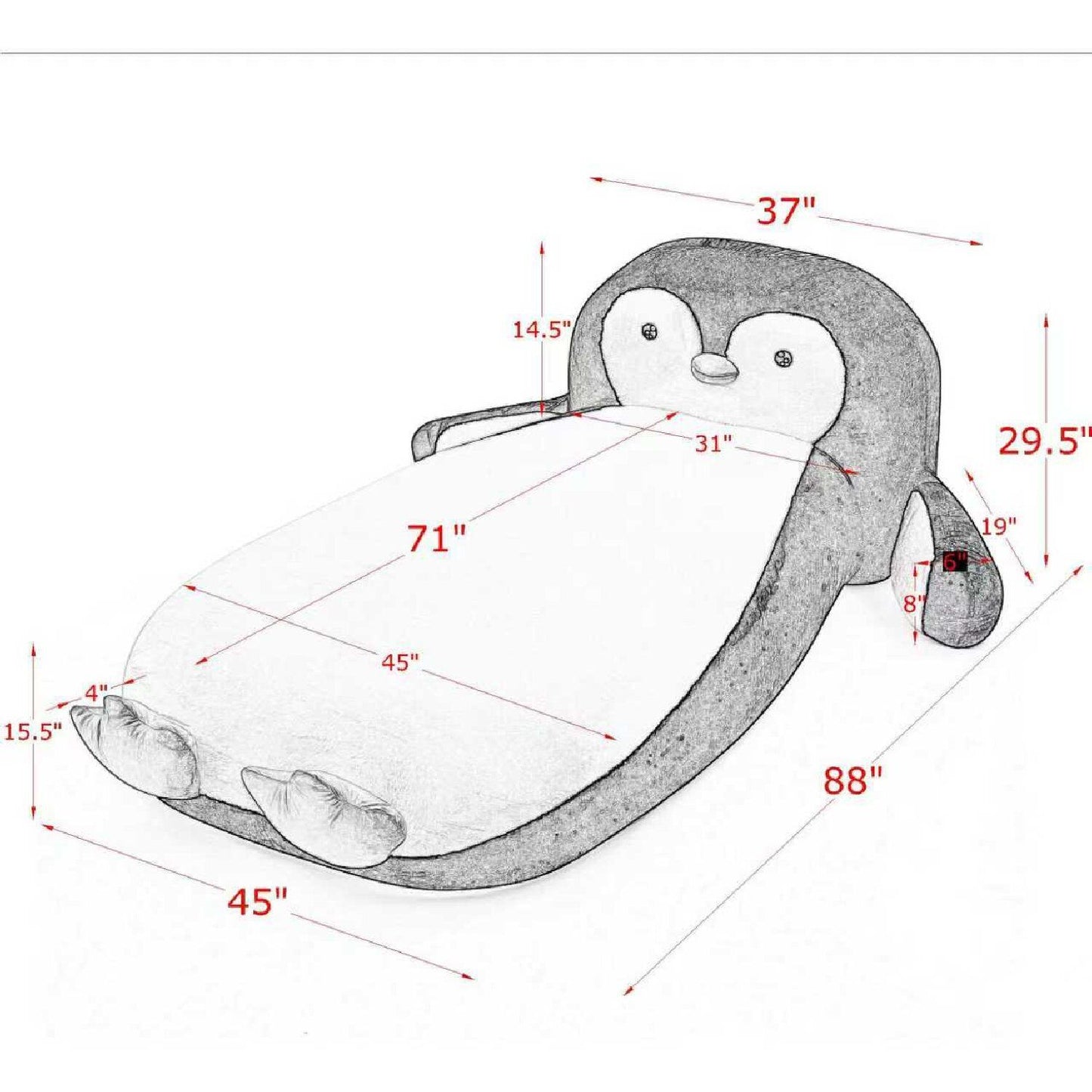 Twin Size Penguin Shaped Bed, Lounger Chair For Kids Bedroom - White / Black - The Sleep Loft - Online Mattress Showroom NYC