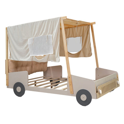 Twin Size Car Bed & Pillow, Ceiling Cloth And LED - Natural - The Sleep Loft - Online Mattress Showroom NYC