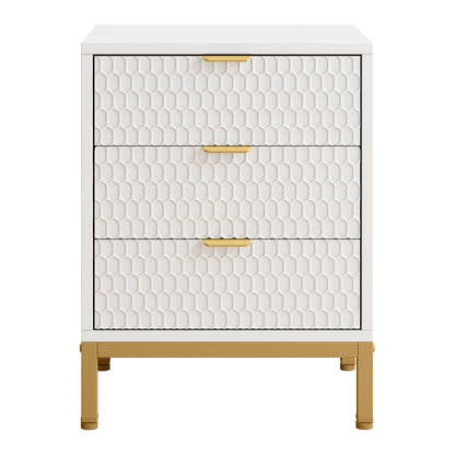 3 Drawer Nightstand With Hexagon Pattern, Storage Table For Living - White