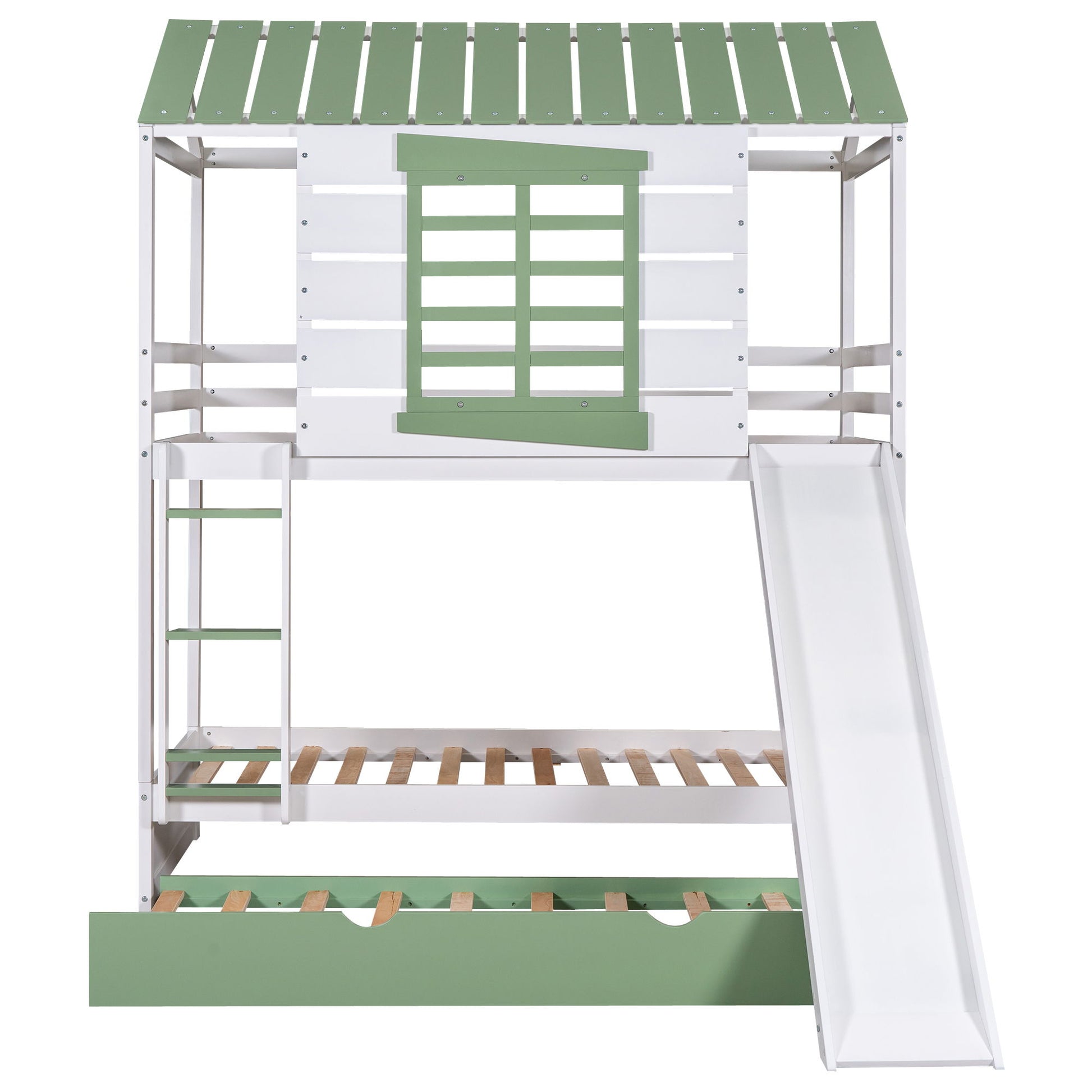 Twin Over Twin House Bunk Bed With Convertible Slide And Trundle - White - The Sleep Loft - Online Mattress Showroom NYC