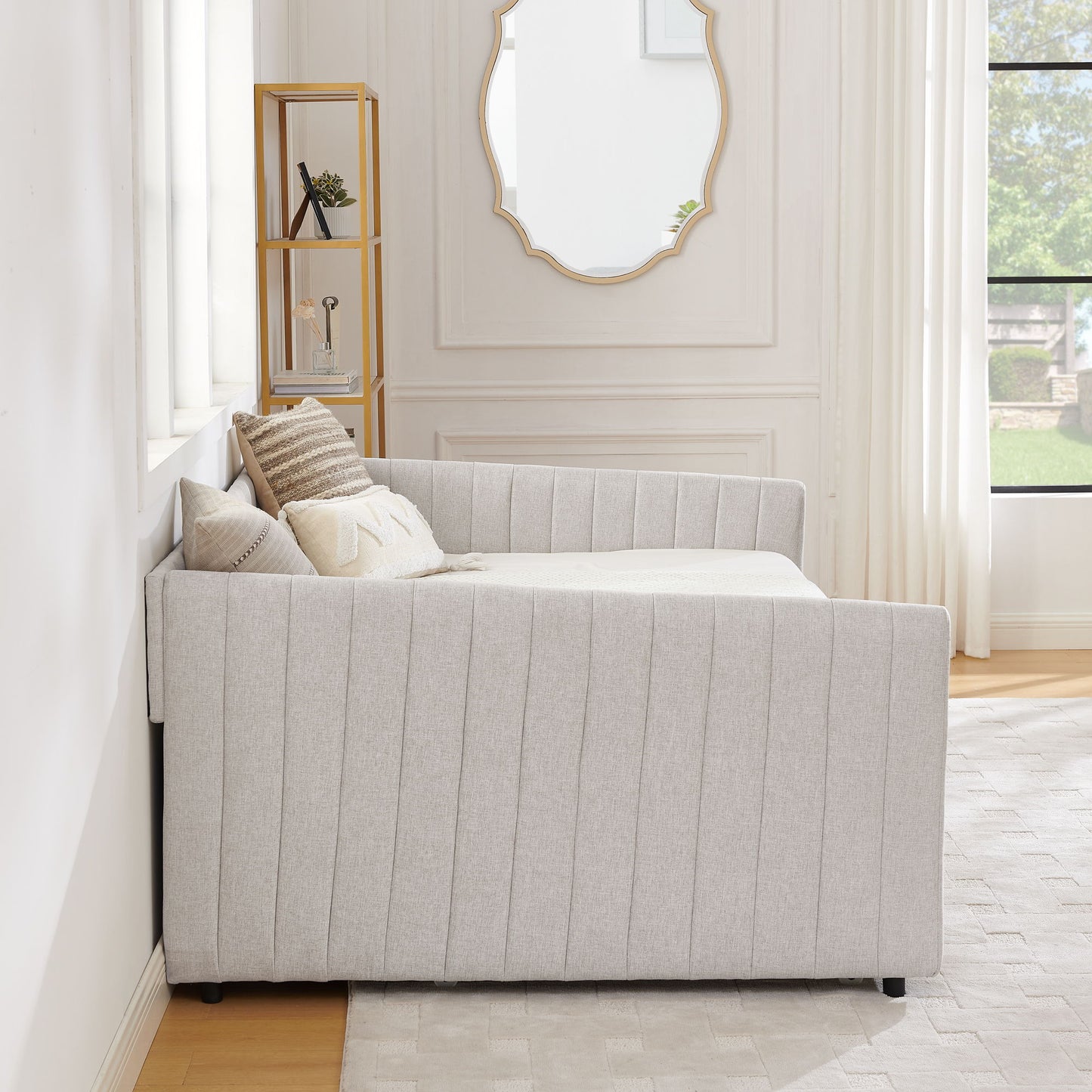 Upholstered Daybed With Trundle With Vertical Stripes - The Sleep Loft - Online Mattress Showroom NYC