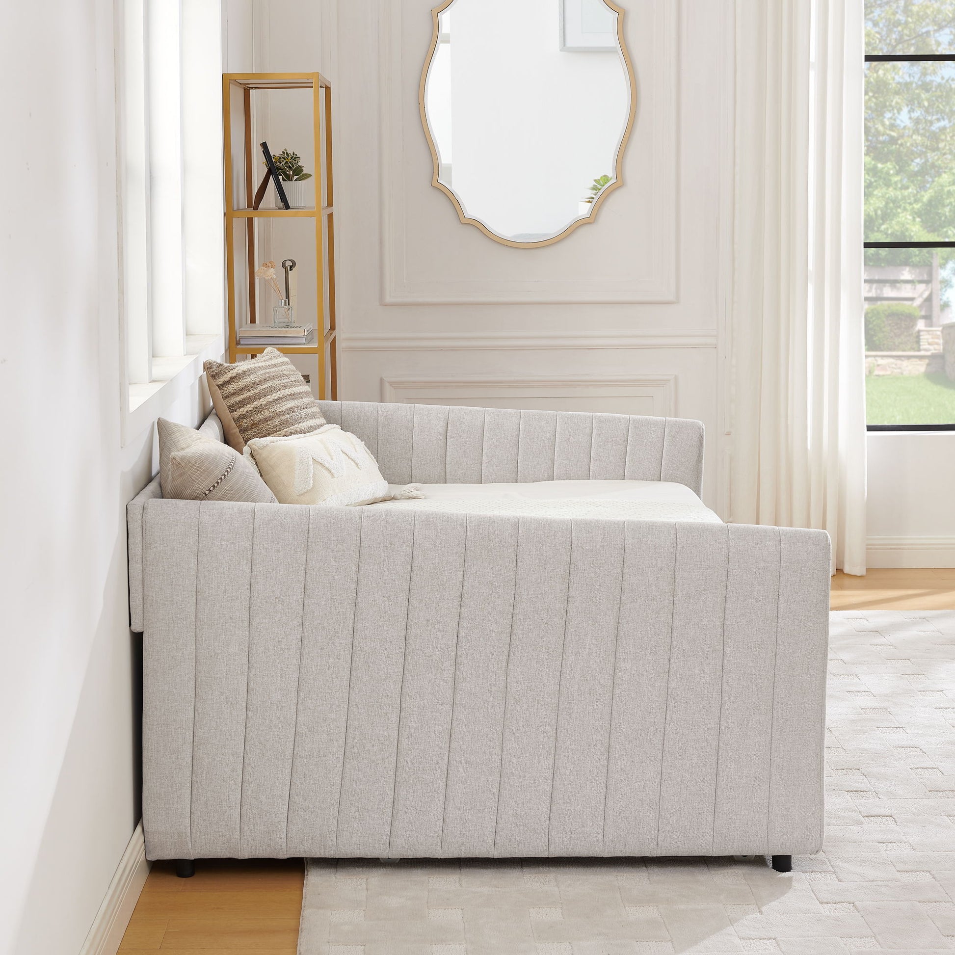 Upholstered Daybed With Trundle With Vertical Stripes - The Sleep Loft - Online Mattress Showroom NYC