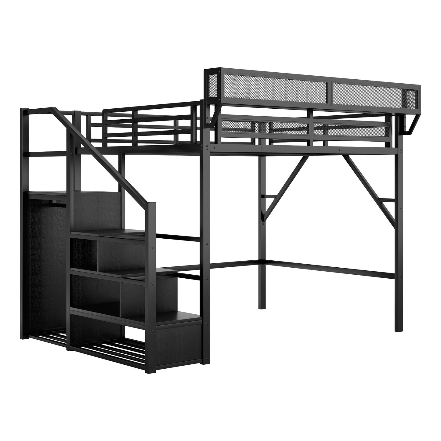 Queen Size Loft Bed With Stairs, Storage Shelves, Wardrobe - Black - The Sleep Loft - Online Mattress Showroom NYC