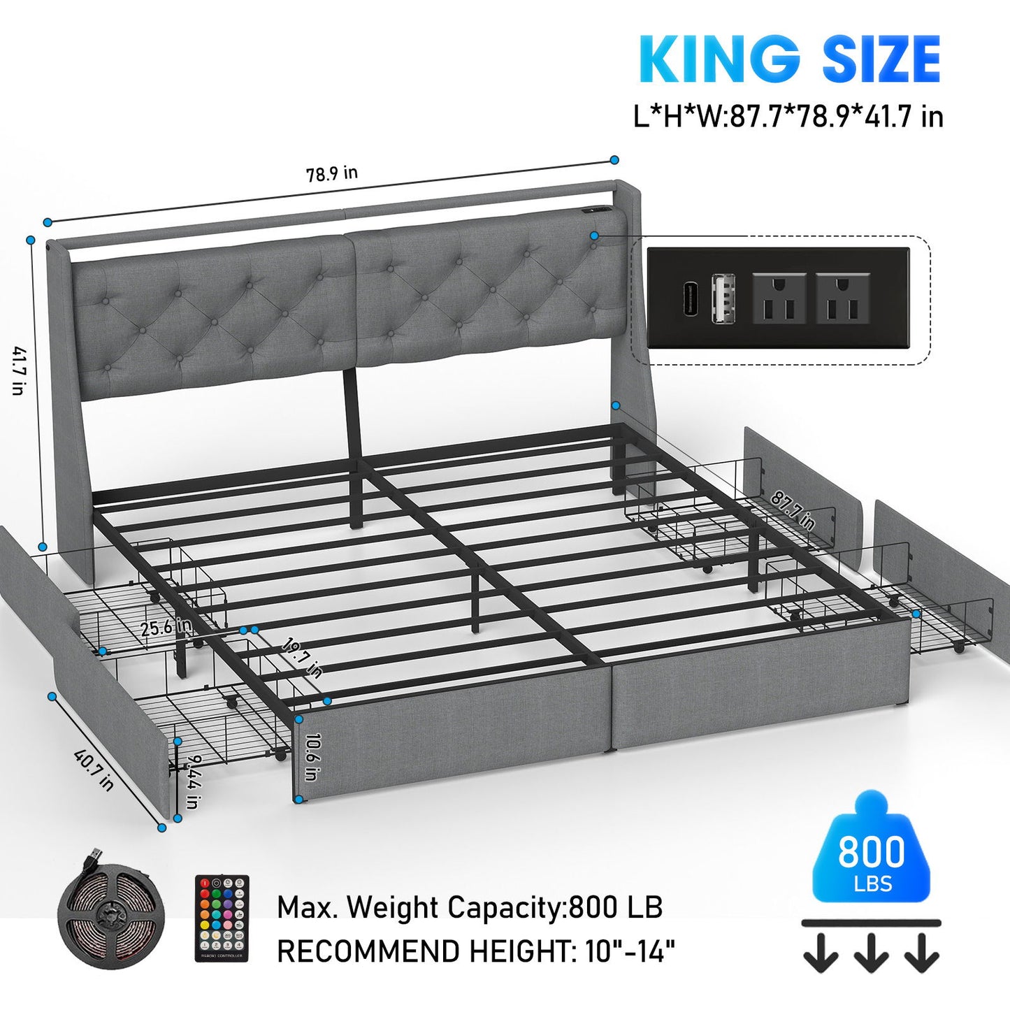King Platform Bed Frame With RGB LED & Charging Station Storage Headboard, 12 Color Ambient Lighting - Gray
